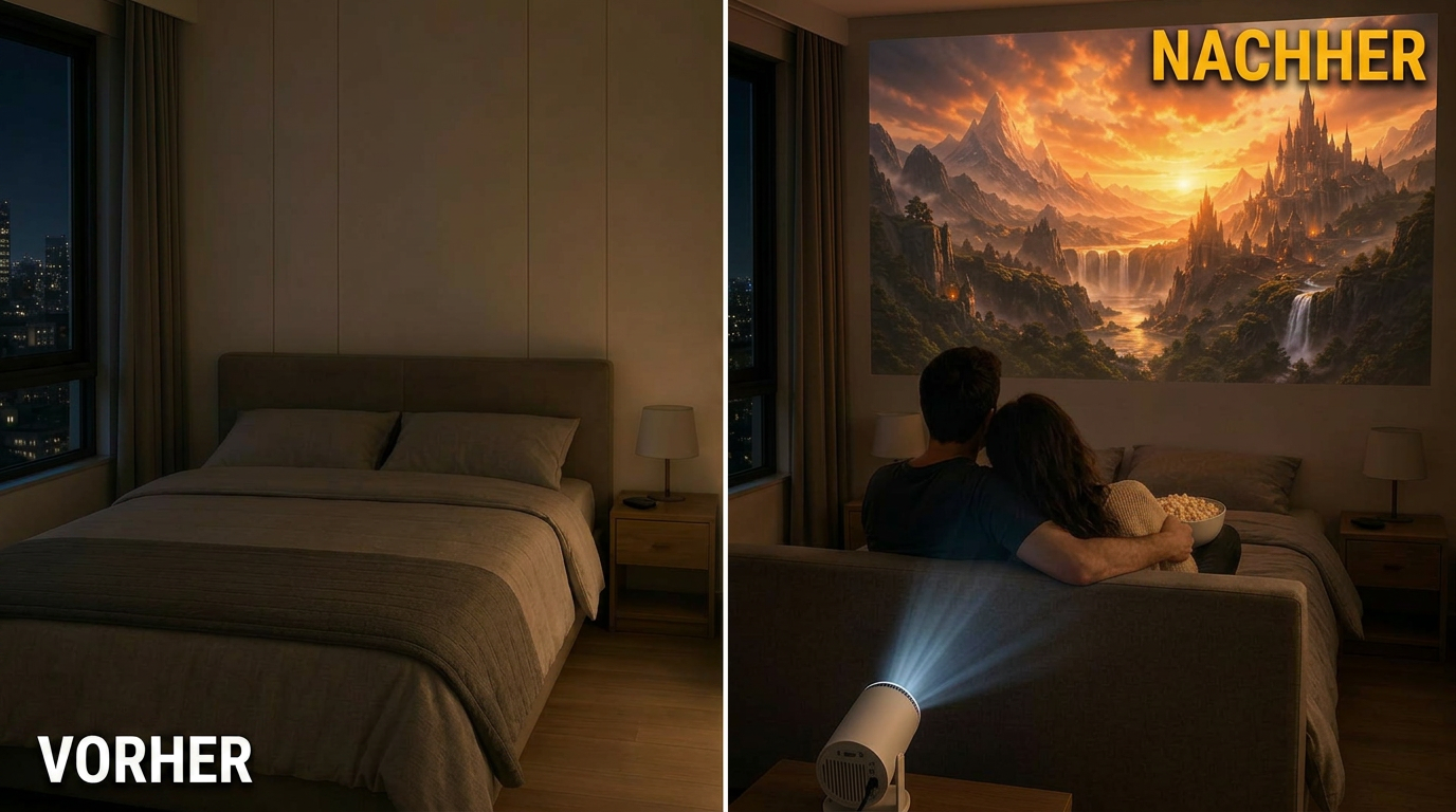 Vorher und Nachher — gewöhnliches Schlafzimmer wird zum Kino mit dem HY300PRO+
